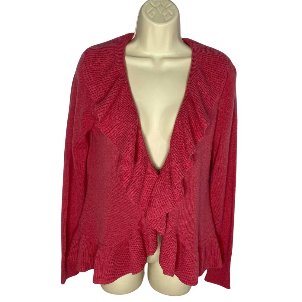 SOFIA CASHMERE Ruffle Front Cardigan Sweater Soft Lightweight Soft Luxury Red S